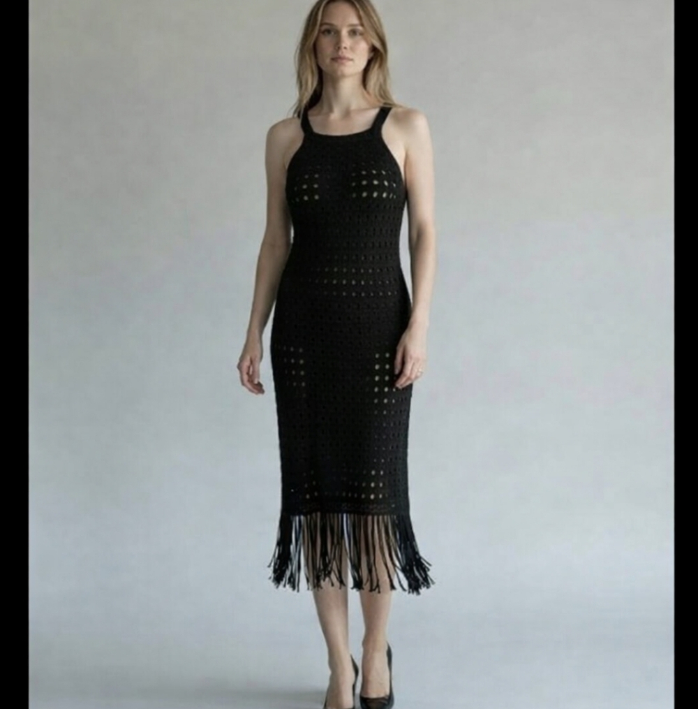 House Of Harlow Black Eyelet Crochet Fringe Midi Strappy Stretchy Dress Sz M
